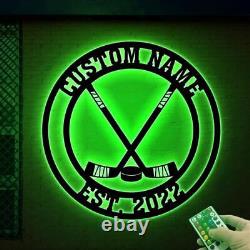 Ice Hockey Metal Wall Art LED Light Personalized Player Stick Sign Home Decor